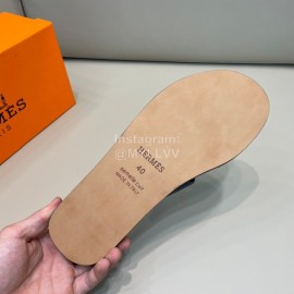Hermes Summer Fashion Cowhide Slippers For Men Navy