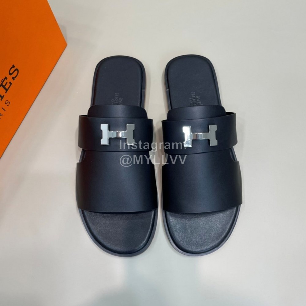 Hermes Summer Cowhide Fashion Slippers For Men Black