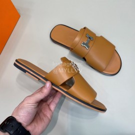 Hermes Summer Cowhide Fashion Slippers For Men Brown