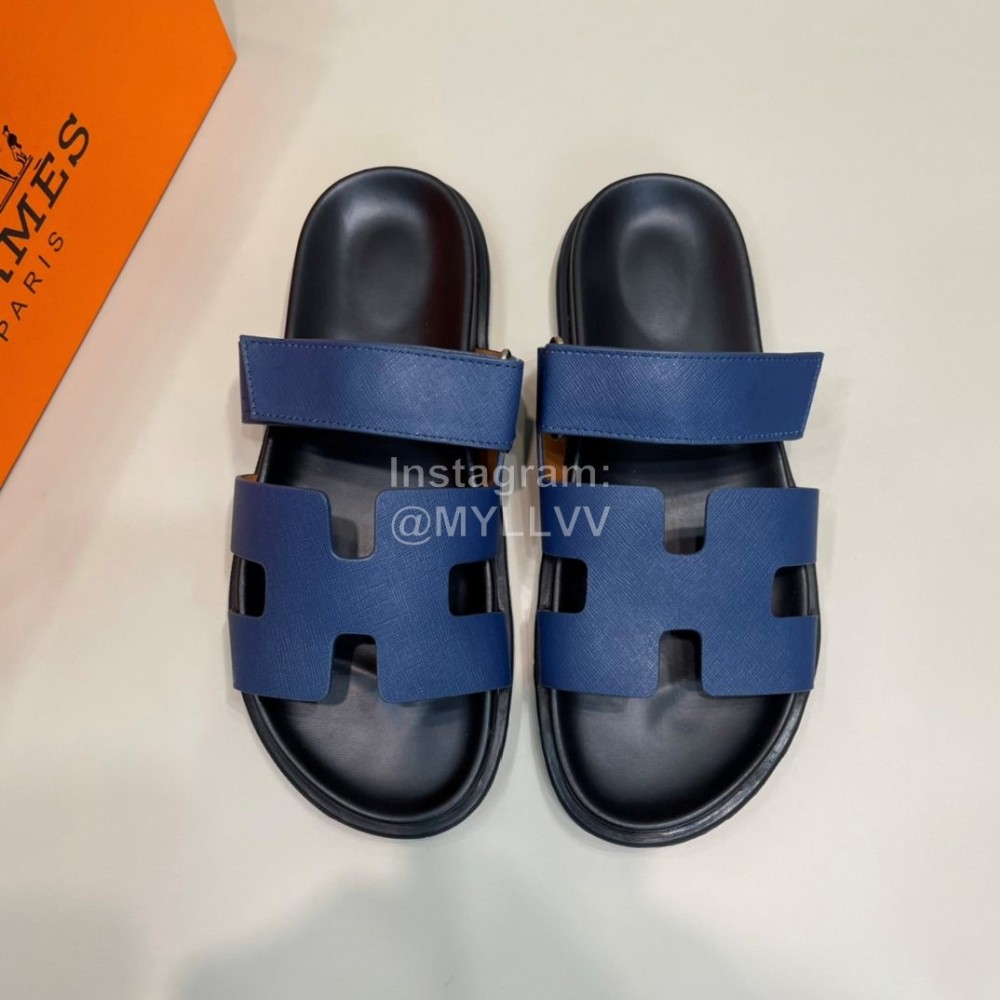 Hermes Classic Summer Blue Cowhide Slippers For Men 