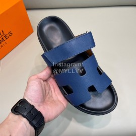 Hermes Classic Summer Blue Cowhide Slippers For Men 