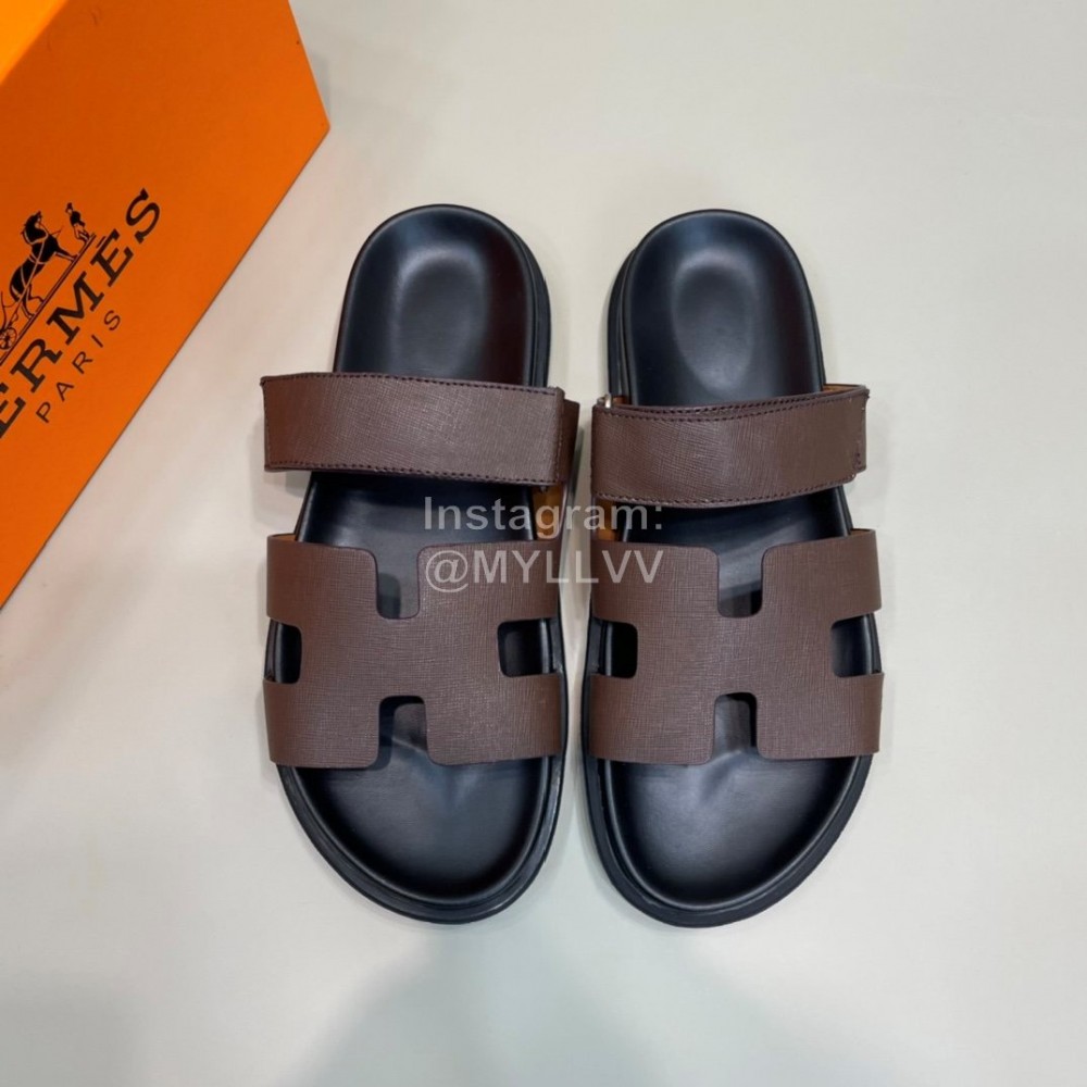 Hermes Classic Summer Cowhide Slippers For Men Coffee