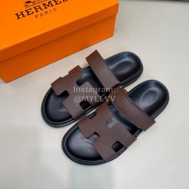 Hermes Classic Summer Cowhide Slippers For Men Coffee