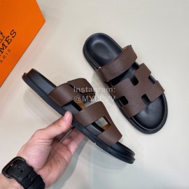 Hermes Classic Summer Cowhide Slippers For Men Coffee