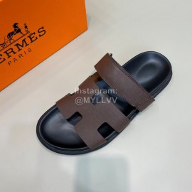 Hermes Classic Summer Cowhide Slippers For Men Coffee
