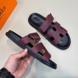 Hermes Classic Summer Cowhide Slippers For Men Wine Red