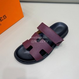 Hermes Classic Summer Cowhide Slippers For Men Wine Red