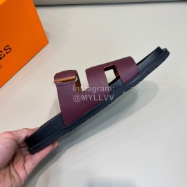 Hermes Classic Summer Cowhide Slippers For Men Wine Red