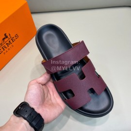 Hermes Classic Summer Cowhide Slippers For Men Wine Red