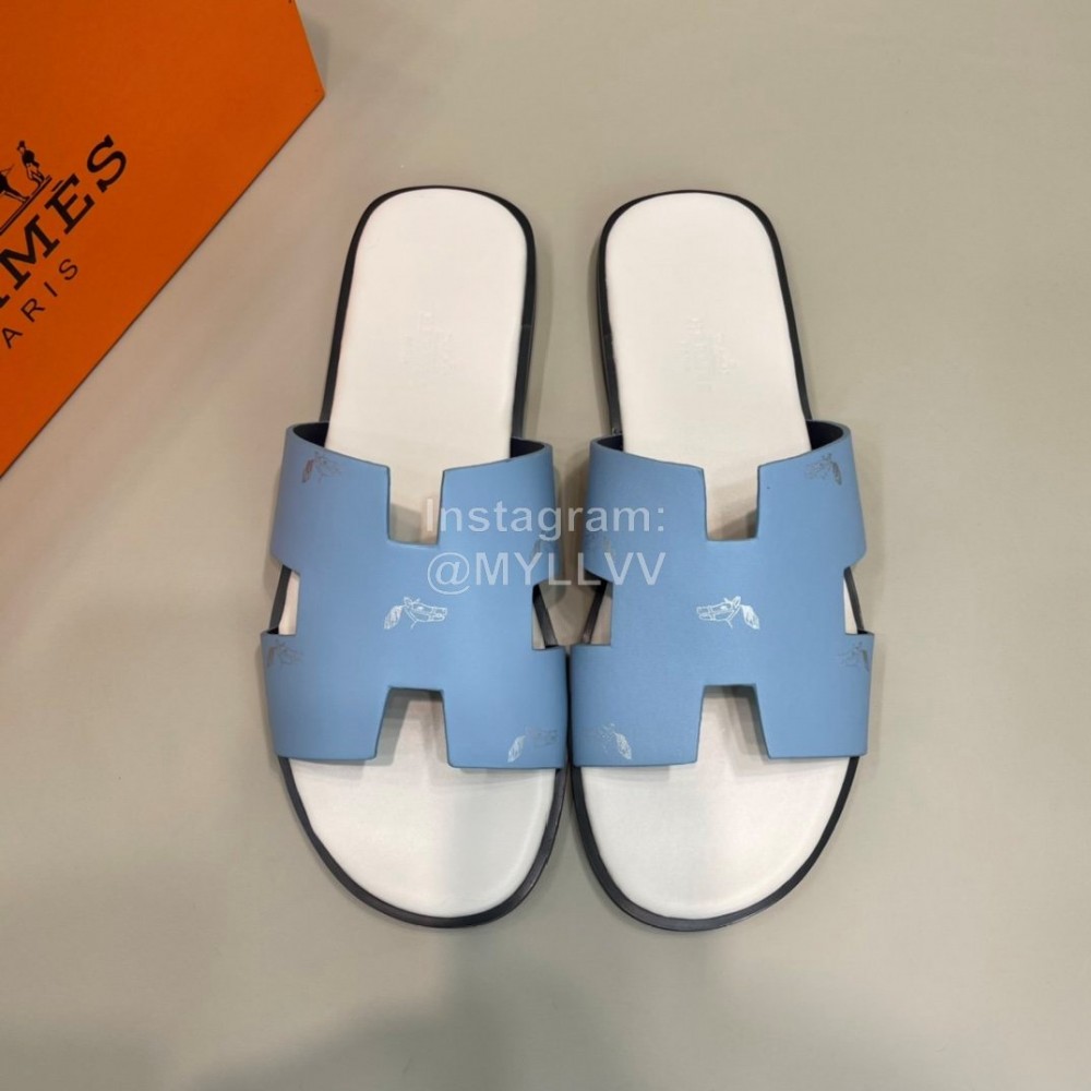 Hermes Classic Summer Cowhide Slippers For Men Blue