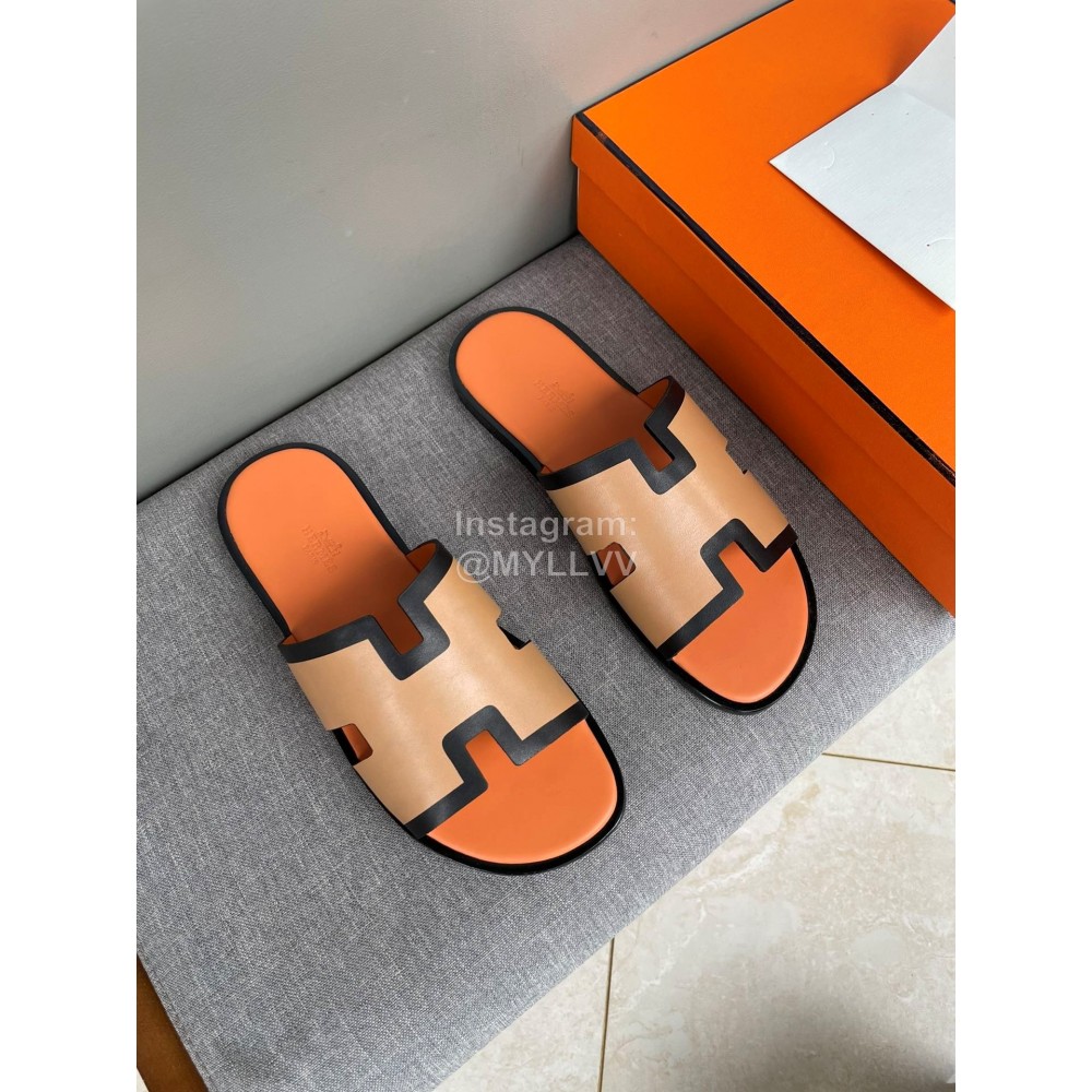 Hermes Classic Summer Cowhide Slippers For Men Orange
