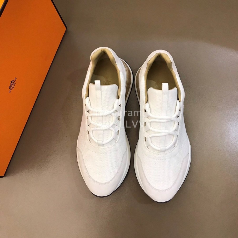 Hermes Canvas Cowhide Casual Sneakers For Men White