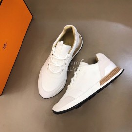 Hermes Canvas Cowhide Casual Sneakers For Men White