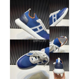 Hermes Cowhide Fabric Casual Sneakers For Men Blue