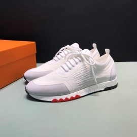Hermes Casual Cowhide Flying Woven Sneakers For Men White