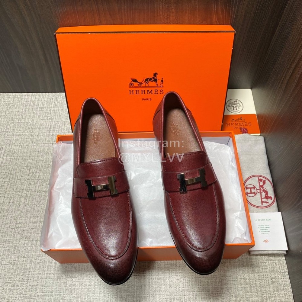 Hermes Cowhide Casual Loafers For Men Wine Red