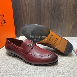 Hermes Cowhide Casual Loafers For Men Wine Red