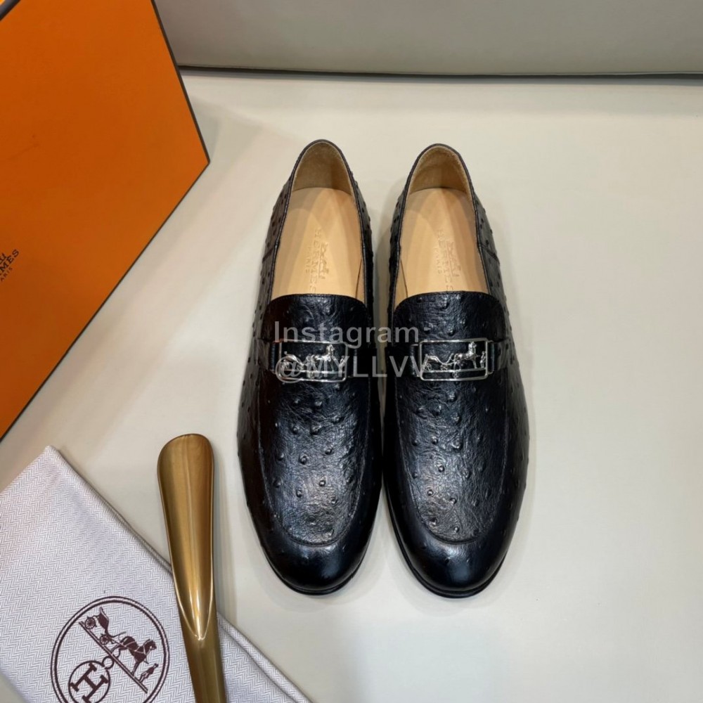 Hermes Cowhide Ostrich Pattern Loafers For Men Black