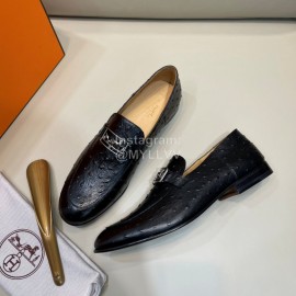 Hermes Cowhide Ostrich Pattern Loafers For Men Black
