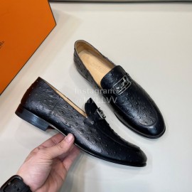 Hermes Cowhide Ostrich Pattern Loafers For Men Black
