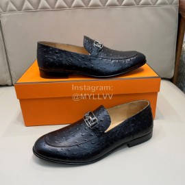 Hermes Cowhide Ostrich Pattern Loafers For Men Black