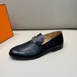 Hermes Cowhide Ostrich Pattern Loafers For Men Black