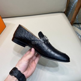 Hermes Cowhide Ostrich Pattern Loafers For Men Black