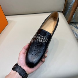 Hermes Cowhide Ostrich Pattern Loafers For Men Black