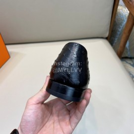 Hermes Cowhide Ostrich Pattern Loafers For Men Black