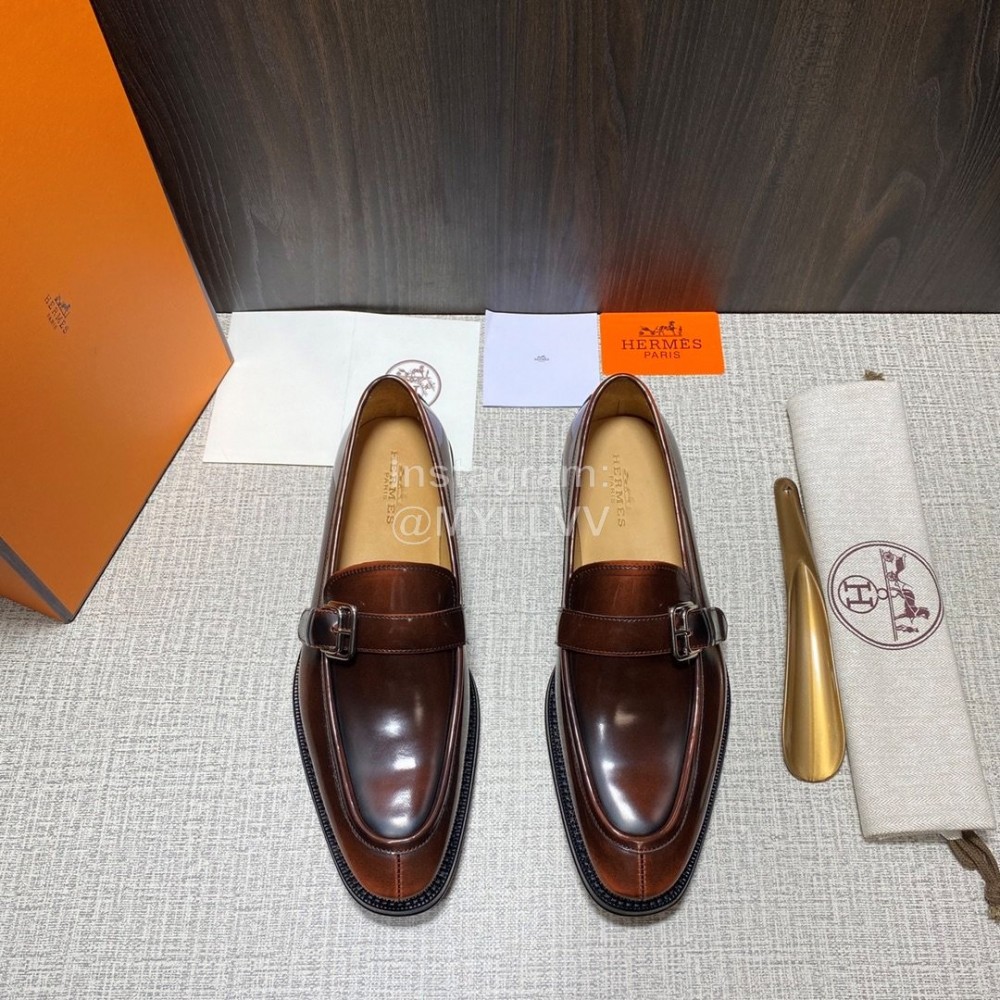 Hermes Belt Buckle Shape Leather Loafers For Men Brown