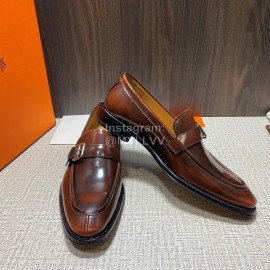 Hermes Belt Buckle Shape Leather Loafers For Men Brown