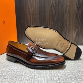 Hermes Belt Buckle Shape Leather Loafers For Men Brown