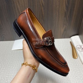 Hermes Belt Buckle Shape Leather Loafers For Men Brown