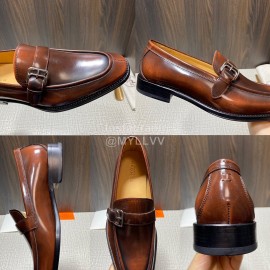 Hermes Belt Buckle Shape Leather Loafers For Men Brown