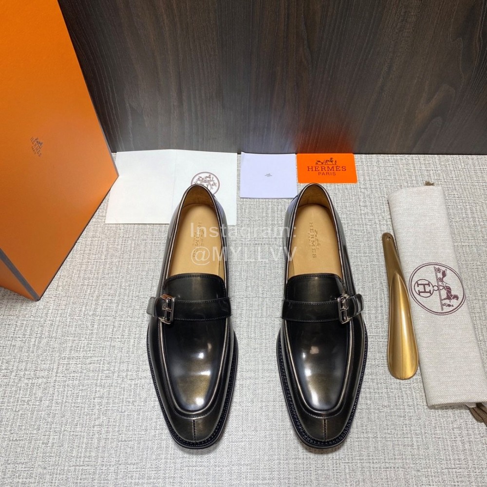 Hermes Belt Buckle Shape Leather Loafers For Men