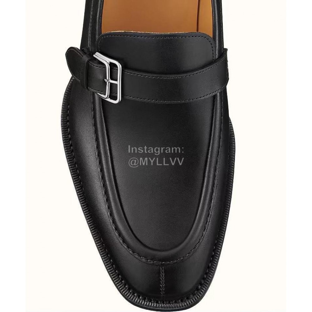 Hermes Belt Buckle Shape Leather Loafers For Men Black
