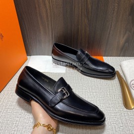Hermes Belt Buckle Shape Leather Loafers For Men Black