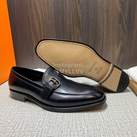 Hermes Belt Buckle Shape Leather Loafers For Men Black