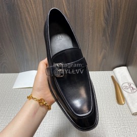 Hermes Belt Buckle Shape Leather Loafers For Men Black
