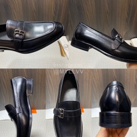 Hermes Belt Buckle Shape Leather Loafers For Men Black