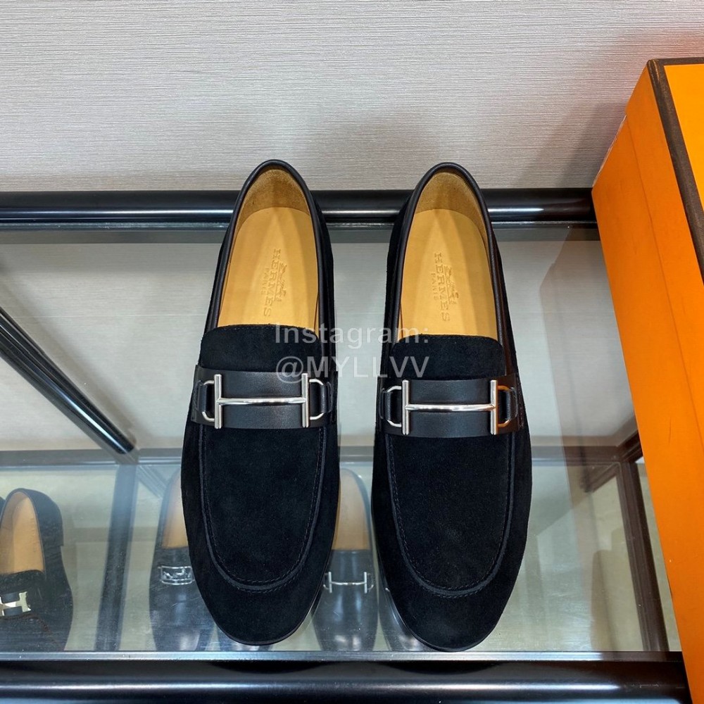 Hermes Velvet Calf Leather Business Loafers For Men Black
