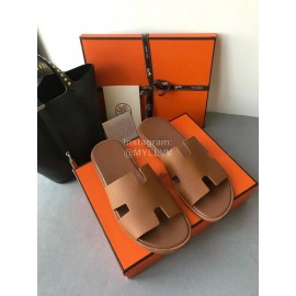 Hermes Summer Simple Leather Slippers For Men Brown