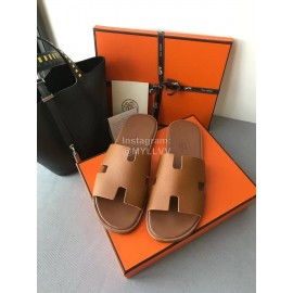 Hermes Summer Simple Leather Slippers For Men Brown