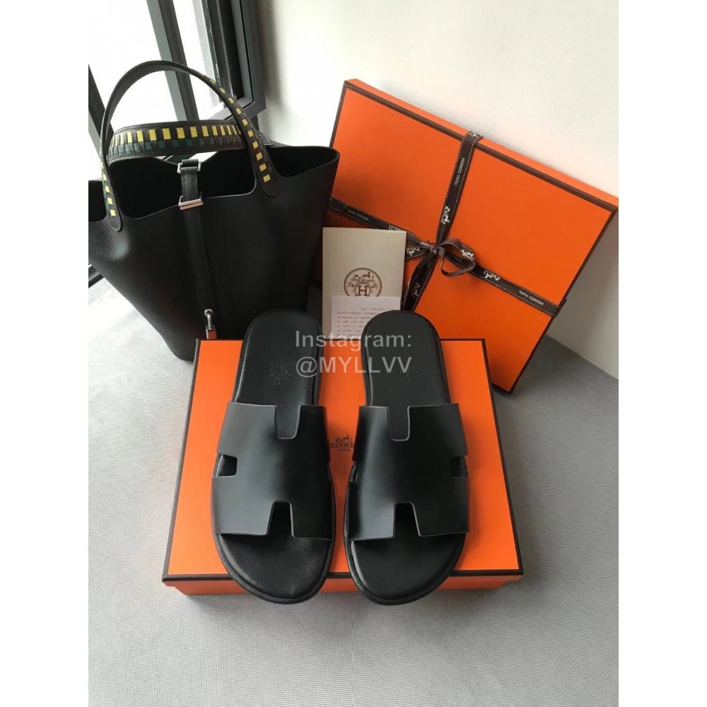 Hermes Summer Simple Leather Slippers For Men Black