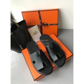 Hermes Summer Simple Leather Slippers For Men Black