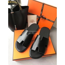 Hermes Summer Simple Leather Slippers For Men Black