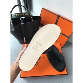 Hermes Summer Simple Leather Slippers For Men Black
