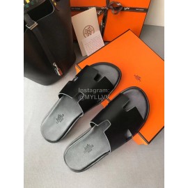 Hermes Summer Simple Leather Slippers For Men Black