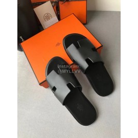 Hermes Summer Simple Leather Slippers For Men Black