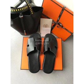 Hermes Summer Simple Leather Slippers For Men Black